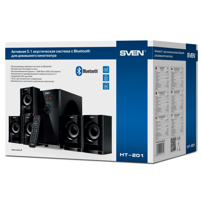 АС SVEN HT-201, черный, акустическая система 5.1 (80 Вт, Bluetooth, пульт, дисплей, FM, USB, SD) SVEN HT-201 АС SVEN HT-201, черный, акустическая система 5.1 (80 Вт, Bluetooth, пульт, дисплей, FM, USB, SD) SVEN HT-201
