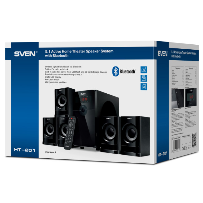 АС SVEN HT-201, черный, акустическая система 5.1 (80 Вт, Bluetooth, пульт, дисплей, FM, USB, SD) SVEN HT-201 АС SVEN HT-201, черный, акустическая система 5.1 (80 Вт, Bluetooth, пульт, дисплей, FM, USB, SD) SVEN HT-201