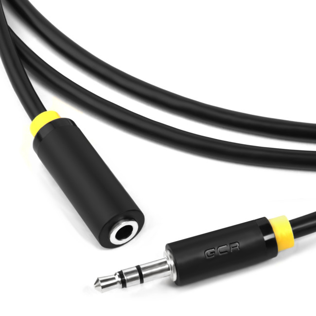 GCR Удлинитель аудио 1.5m jack 3,5mm/jack 3,5mm черный, желтая окантовка, ультрагибкий, 28AWG, M/F, Premium GCR-STM1114-1.5m, экран, стерео Greenconnect   jack 3,5mm - jack 3,5mm 1.5м