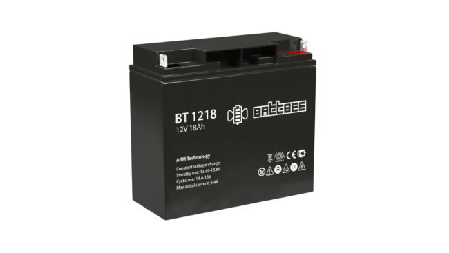 Батарея BattBee, BT 1218, напряжение 12В, емкость 18Ач (разряд 20 часов), макс. ток разряда (5 сек.) 207А, макс. ток заряда 5.4А, свинцово-кислотная типа AGM, клеммы под гайку и болт M5, ДxШxВ 182х76х167мм., вес 4.5кг., срок службы 3 года. BT 1218 Батарея BattBee, BT 1218, напряжение 12В, емкость 18Ач (разряд 20 часов), макс. ток разряда (5 сек.) 207А, макс. ток заряда 5.4А, свинцово-кислотная типа AGM, клеммы под гайку и болт M5, ДxШxВ 182х76х167мм., вес 4.5кг., срок службы 3 года. BT 1218