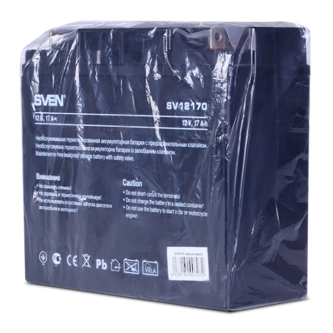 Батарея SVEN SV 12170 (12V 17Ah), напряжение 12В, емкость 17А*ч, макс. ток разряда 225А, макс. ток заряда 5.1А, свинцово-кислотная типа AGM, тип клемм T1 Sven SV12170