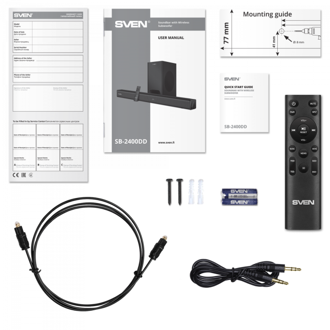 Саундбар SVEN SB-2400DD, черный (400Вт, DD, BT, HDMI, ПДУ, Optical, USB, дисплей, беспроводной сабвуфер) SVEN SB-2400DD Саундбар SVEN SB-2400DD, черный (400Вт, DD, BT, HDMI, ПДУ, Optical, USB, дисплей, беспроводной сабвуфер) SVEN SB-2400DD