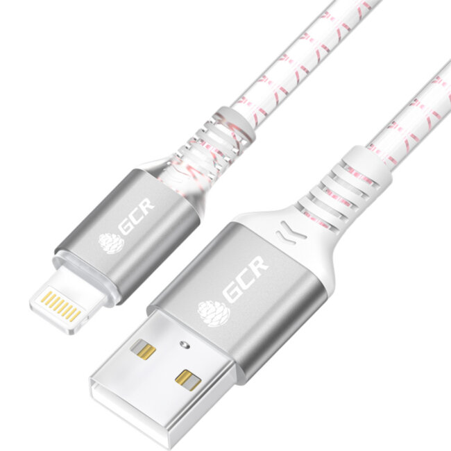 GCR Кабель 1.0m AM/Lightning LED для iPhone, iPad, Air, MFi, бело-розовый, AL case серебро, прозрачный ПВХ Кабель Greenconnect 1.0 м (GCR-54443)