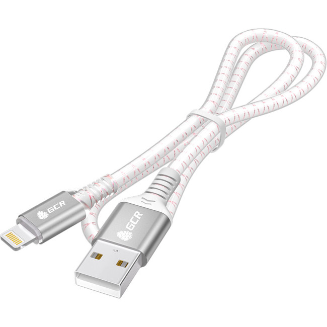GCR Кабель 1.0m AM/Lightning LED для iPhone, iPad, Air, MFi, бело-розовый, AL case серебро, прозрачный ПВХ Кабель Greenconnect 1.0 м (GCR-54443)