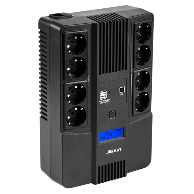 8933 ИБП SKAT-UPS 800-AID-IN-1x9-8 220В 480Вт, LCD, АКБ 1x 9Ач, line interactive, мод.синус, 8хSchuko,2xUS Бастион SKAT-UPS 800-AID-IN-1X9-8