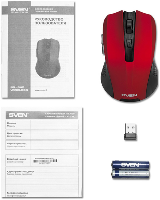 Беспроводная мышь SVEN RX-350W красная  (5+1кл. 600-1400DPI, SoftTouch, блист) Sven RX-350W
