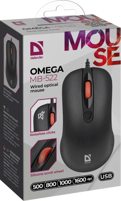 Defender Проводная оптическая мышь Omega MB-522 черн,4кнопки,500-1600dpi,1,8м Defender 52522