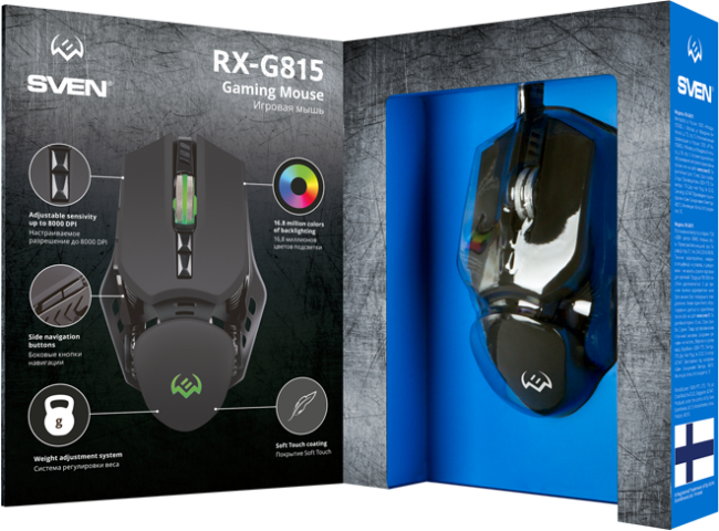 Игровая мышь SVEN RX-G815 (6+1кл. 500-8000 DPI. ПО. SoftTouch. RGB-подсветка. игров. упак) Sven RX-G815