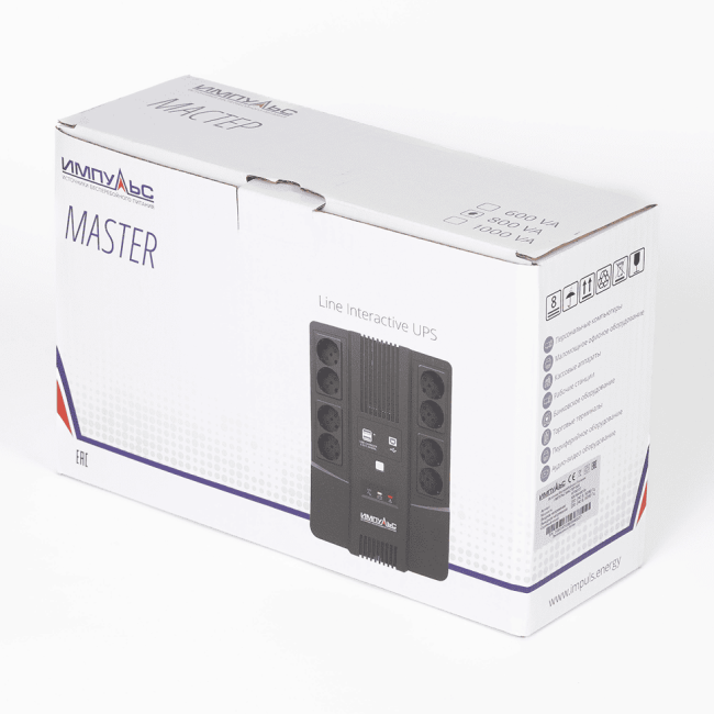 ИБП МАСТЕР 800, 800/480 ВА/Вт, LED, USB, RJ11/RJ45, CHRG USB, SCHUKOx8 Импульс MT80107