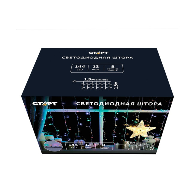 Гирлянда Гирлянда 144LED 220V, 8 режимов, 1,5х1,5м, занавес, разноцветная