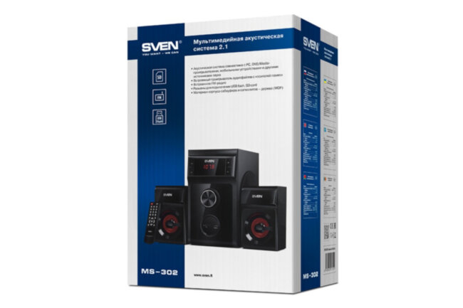 SVEN MS-302, черный, акустическая система 2.1, мощность (RMS): 20 Вт + 2x10 Вт, FM-тюнер, USB/SD, дисплей, ПДУ SVEN MS-302
