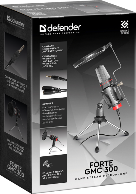 Defender Игровой стрим микрофон Forte GMC 300 3,5 мм, провод 1.5 м Defender Forte GMC 300