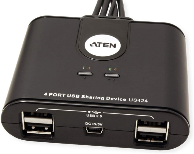 Переключатель, электрон., USB, 2 User > 4 устройства + клавиатура + мышь, 2 USB A-тип > 4 USB A-тип, Male > Female, со встроен. шнурами 2х1.2м., (USB 2.0) ATEN US424 Переключатель, электрон., USB, 2 User > 4 устройства + клавиатура + мышь, 2 USB A-тип > 4 USB A-тип, Male > Female, со встроен. шнурами 2х1.2м., (USB 2.0) ATEN US424