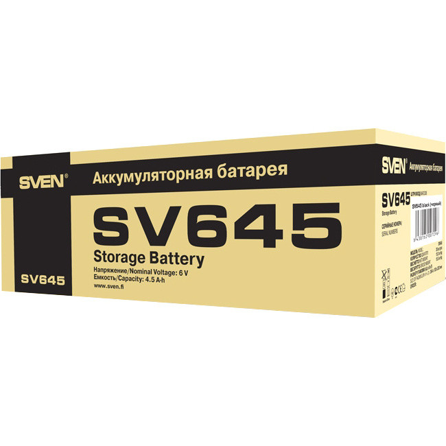 Батарея SVEN SV 645 (6V 4.5Ah), напряжение 6В, емкость 4.5А*ч, макс. ток разряда 67А, макс. ток заряда 1.35А, свинцово-кислотная типа AGM, тип клемм F1, Д/Ш/В 70/47/100, 0.8 кг Sven SV-0222064