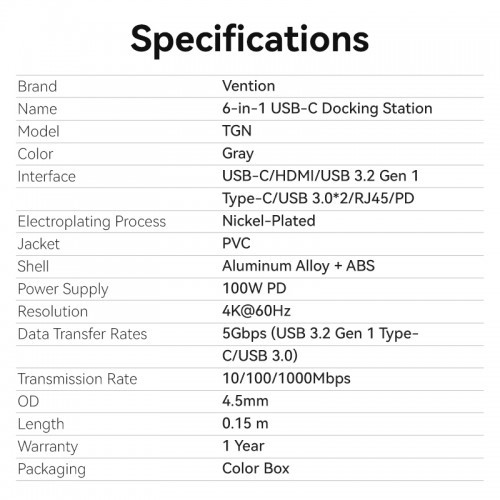 Мультифункциональный хаб Vention USB-C 6 в 1, шт. Vention TGNHB