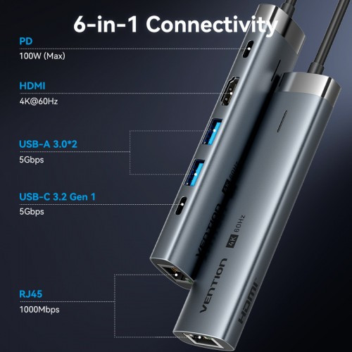 Мультифункциональный хаб Vention USB-C 6 в 1, шт. Vention TGNHB