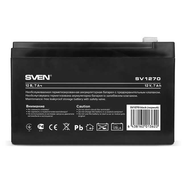 Батарея SVEN SV 1270 (12V 7Ah), напряжение 12В, емкость 7А*ч, макс. ток разряда 105А, макс. ток заряда 2.1А, свинцово-кислотная типа AGM, тип клемм F2, Д/Ш/В 151/65/94 мм, 2.1кг Sven SV1270