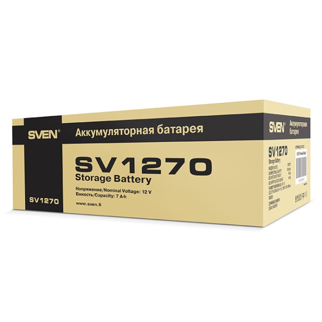 Батарея SVEN SV 1270 (12V 7Ah), напряжение 12В, емкость 7А*ч, макс. ток разряда 105А, макс. ток заряда 2.1А, свинцово-кислотная типа AGM, тип клемм F2, Д/Ш/В 151/65/94 мм, 2.1кг Sven SV1270