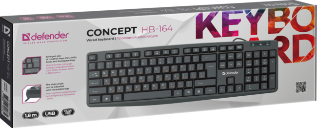 Defender Проводная клавиатура Concept HB-164 RU,черный,104+FN,1.8м Defender 45164
