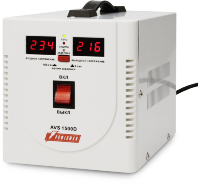 Стабилизатор POWERMAN AVS 1500D, ступенчатый регулятор, цифровые индикаторы уровней напряжения, 1500ВА, 140-260В, максимальный входной ток 10А, 2 евророзетки, IP-20, напольный,  200мм х 160мм х 190мм, 4 кг. POWERMAN AVS 1500D