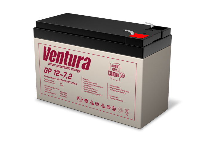 Батарея Ventura серия GP, GP12-7.2, напряжение  12B, емкость 7.2Ач (разряд 20 часов), макс. ток заряда 1.8А,  свинцово-кислотная типа AGM,  клеммы  T2, ДШВ  151х65х100мм, вес 2.15кг Ventura GP12-7.2