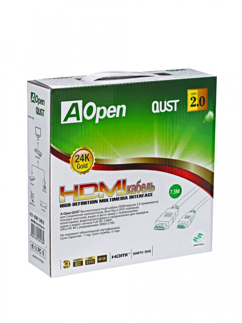 Кабель HDMI 19M/M ver 2.0, 7.5М, 2 фильтра  Aopen <ACG711D-7.5M> AOpen HDMI (m) - HDMI (m) 7.5м