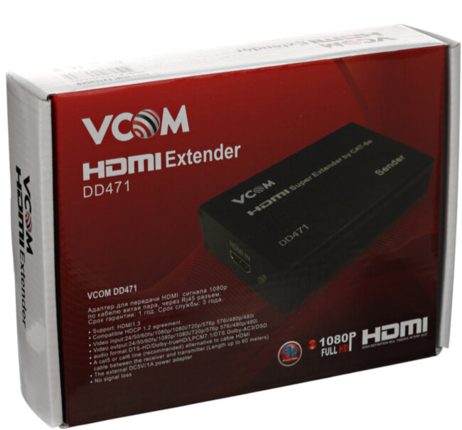Удлинитель HDMI по витой паре до 60м extender +2б.п. VCOM <DD471> VCOM RJ45,HDMI (f) - RJ45,HDMI (f) 60м