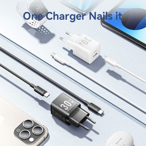 Набор для зарядки Vention з/у GaN 30W 2 порта USB (C + A) и кабель USB-C 3А Чёрный, шт. Vention TZ-FEQB0-EU-01 Набор для зарядки Vention з/у GaN 30W 2 порта USB (C + A) и кабель USB-C 3А Чёрный, шт. Vention TZ-FEQB0-EU-01