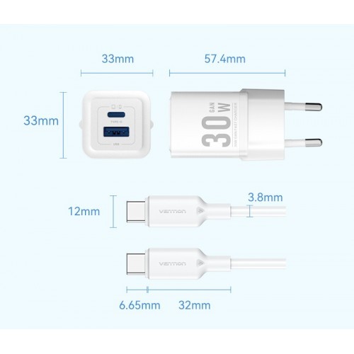 Набор для зарядки Vention з/у GaN 30W 2 порта USB (C + A) и кабель USB-C 3А Чёрный, шт. Vention TZ-FEQB0-EU-01 Набор для зарядки Vention з/у GaN 30W 2 порта USB (C + A) и кабель USB-C 3А Чёрный, шт. Vention TZ-FEQB0-EU-01