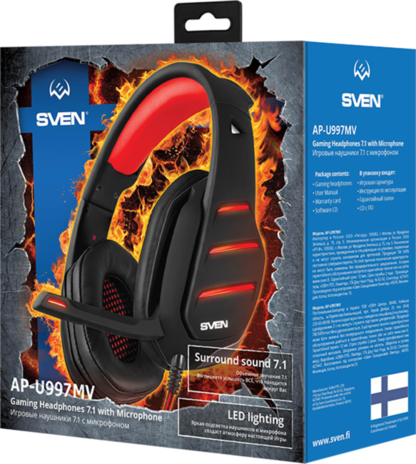 Игровые наушники с микрофоном SVEN AP-U997MV, черный-красный (USB, LED, 7,1) Sven AP-U997MV