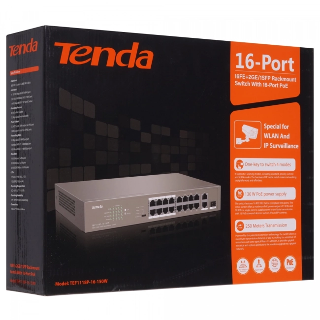 Коммутатор Tenda TEF1118P-16-150W Коммутатор Tenda TEF1118P-16-150W