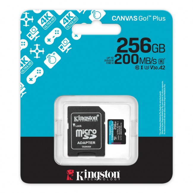 Карта памяти Kingston 256GB microSDXC Canvas Go Plus Gen4 200MB/s A2 U3 V30 Card + ADP Kingston SDCG4/256GB Карта памяти Kingston 256GB microSDXC Canvas Go Plus Gen4 200MB/s A2 U3 V30 Card + ADP Kingston SDCG4/256GB