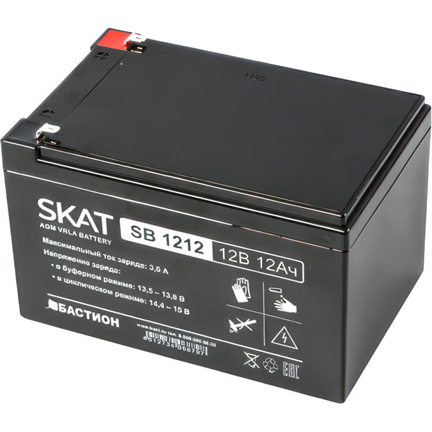 2535 SKAT SB 1212, 12В, 12Ач, максимальный ток заряда 3,6 А. Тип клеммы — F1 нож. Размер корпуса — 99х151х100. Вес — 3,2 кг. Срок службы — 6 лет. Гарантия - 18 месяцев. Бастион SKAT SB 1212