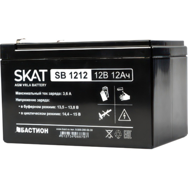 2535 SKAT SB 1212, 12В, 12Ач, максимальный ток заряда 3,6 А. Тип клеммы — F1 нож. Размер корпуса — 99х151х100. Вес — 3,2 кг. Срок службы — 6 лет. Гарантия - 18 месяцев. Бастион SKAT SB 1212