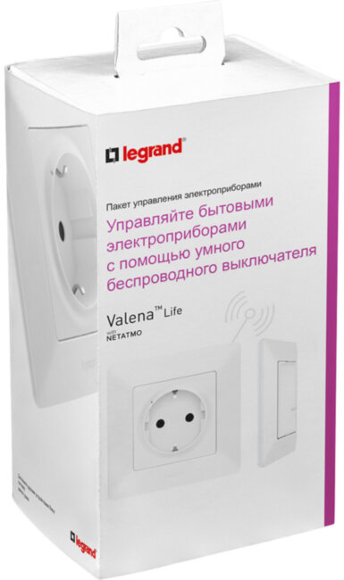 VLN-l БЕЛ Пакет упр.быт.эл-пр. Умная розетка Legrand с дистанционным управлением серия Valena Life with NETATMO, Цвет Белый. Готовое решение для управления бытовыми электроприборами. Состоит: Умная розетка с заземлением, 16А, 230В + Умный беспроводной 1-к