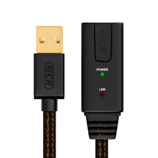 GCR Удлинитель активный 3.0m USB 2.0, AM/AF, GOLD, черно-прозрачный, с усилителем сигнала, 28/24 AWG, разъём для доп.питания, 44-050616 Greenconnect USB 2.0 Type-AM - USB 2.0 Type-AF