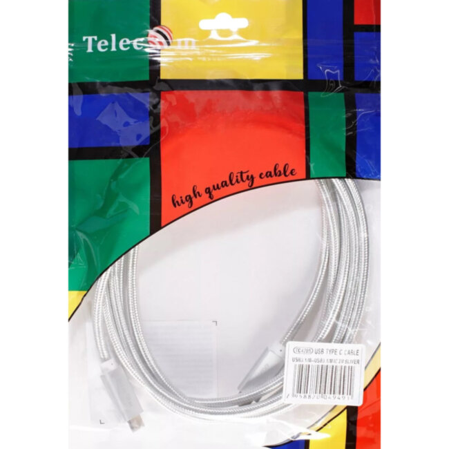 Кабель USB 3.1 Type Cm -- Cm  IC 5А 20Gbs длина 2M, Telecom <TC420S-2M> серебряный VCOM TC420S-2M