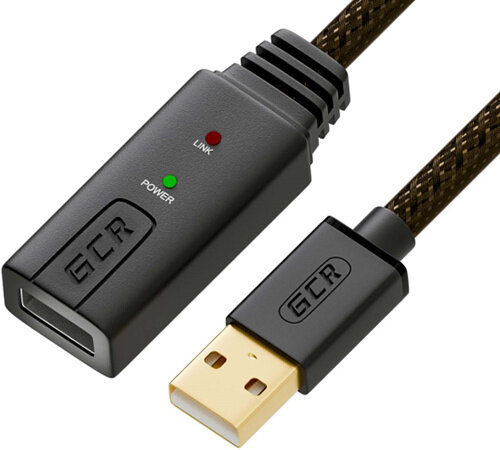GCR Удлинитель активный 10.0m USB 2.0, AM/AF, GOLD, черно-прозрачный, с усилителем сигнала Premium, 24/22 AWG, разъём для доп.питания, 44-050618 Greenconnect USB 2.0 Type-AM - USB 2.0 Type-AF