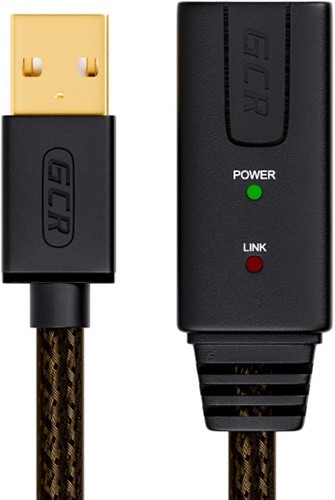 GCR Удлинитель активный 10.0m USB 2.0, AM/AF, GOLD, черно-прозрачный, с усилителем сигнала Premium, 24/22 AWG, разъём для доп.питания, 44-050618 Greenconnect USB 2.0 Type-AM - USB 2.0 Type-AF
