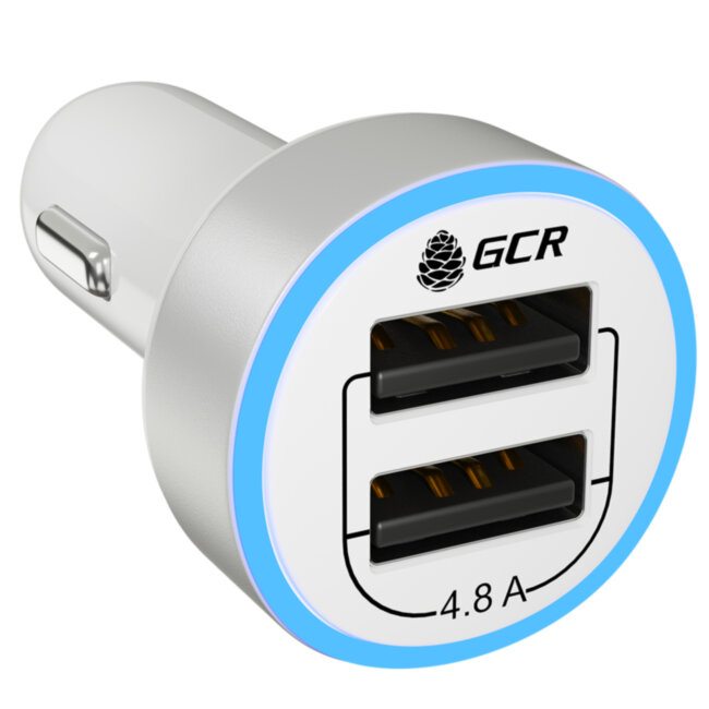 GCR Автомобильное зарядное устройство на 2 USB порта 4.8A, белое, LED индикация, GCR-51984 Greenconnect 2 USB 4.8A GCR-51984