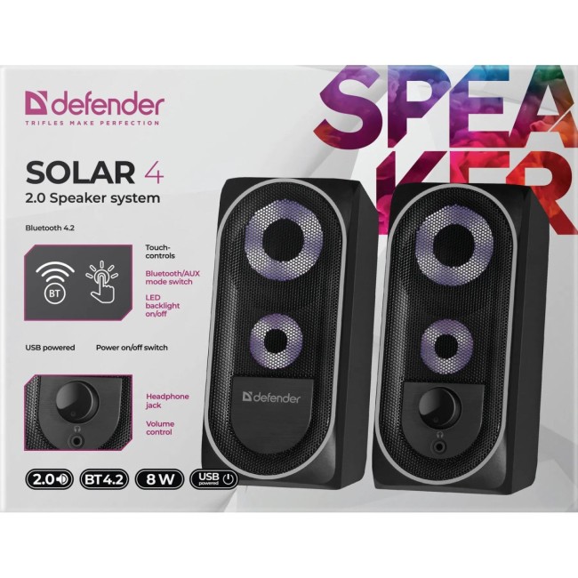Defender Акустическая 2.0 система Solar 4 8Вт, BT/Light, питание от USB Defender 65404