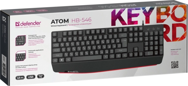 Defender Проводная клавиатура Atom HB-546 RU,черный,104+FN,1.8м Defender 45546