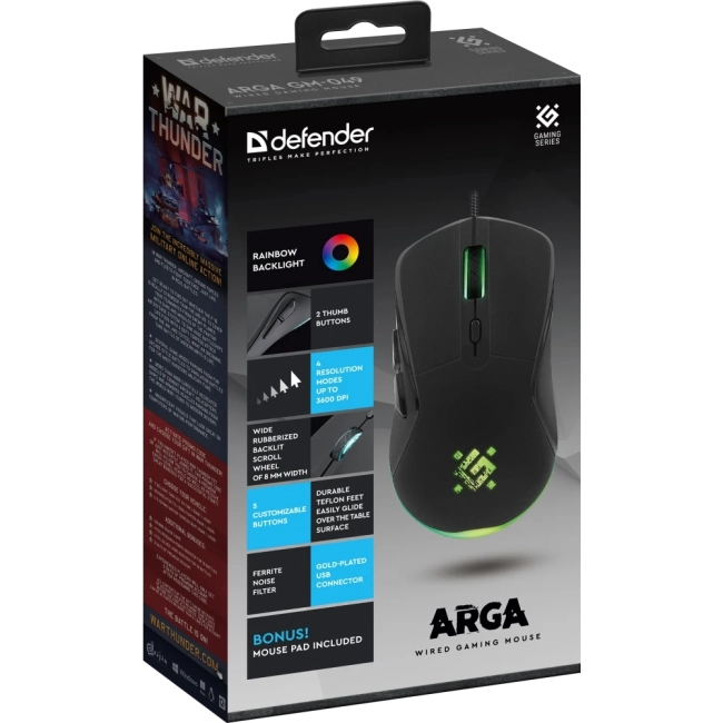 Defender Проводная игровая мышь Arga GM-049 черн,радуж,6кн,3600dpi,+ковер Defender 52049