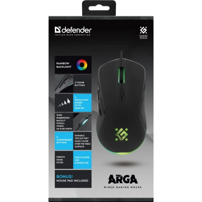 Defender Проводная игровая мышь Arga GM-049 черн,радуж,6кн,3600dpi,+ковер Defender 52049