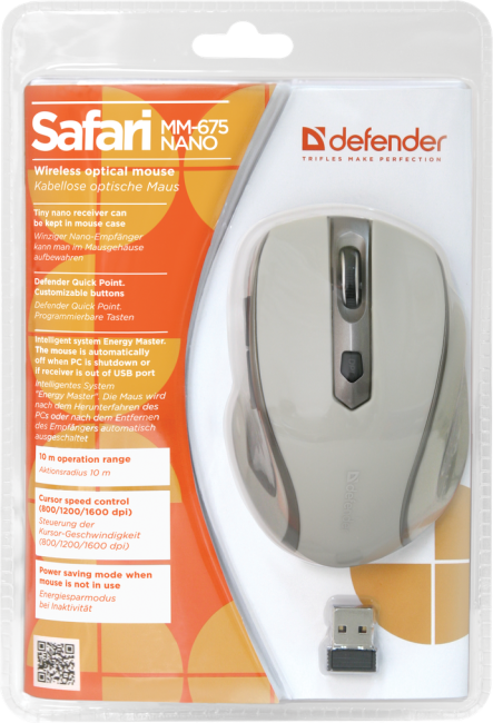 Defender Беспроводная оптическая мышь Safari MM-675 бежевый,6кнопок,800-1600dpi USB Defender Safari MM-675 бежевый