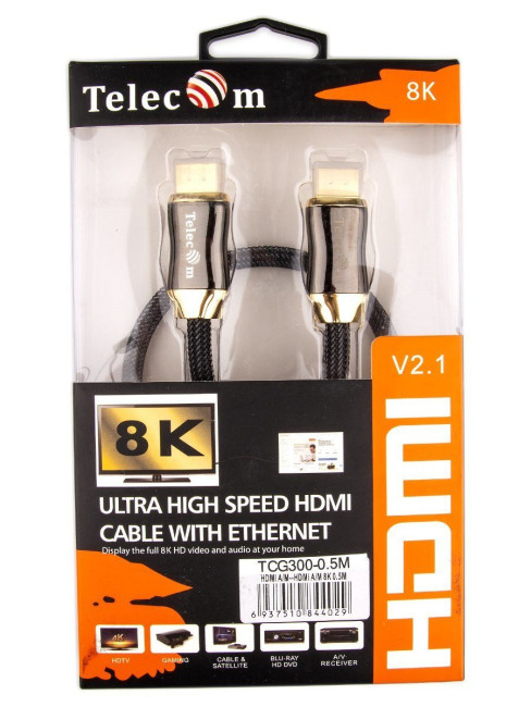 Кабель HDMI 19M/M,ver. 2.1, 8K@60 Hz 0.5m метал разъемы, нейлоновая оплетка Telecom <TCG300-0.5M> Telecom HDMI (m) - HDMI (m) 0.5м